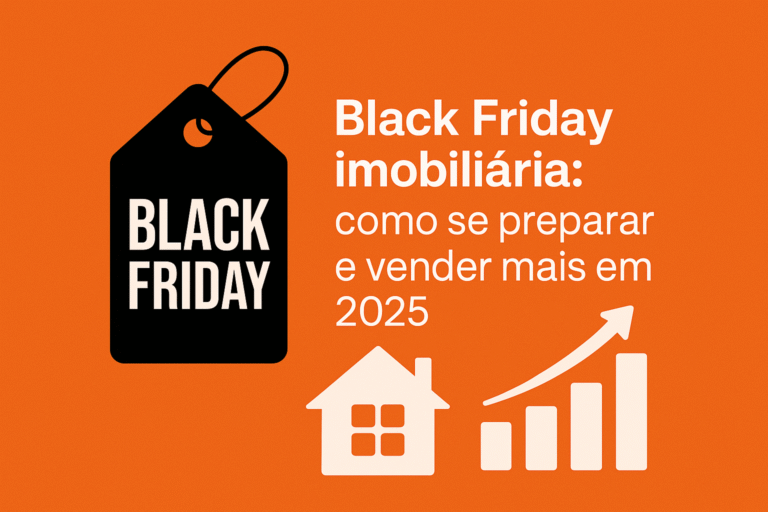 Imagem com fundo laranja, ícones de casas, gráficos subindo e etiqueta de desconto Black Friday, com o texto “Black Friday Imobiliária: como se preparar e vender mais em 2025” escrito em branco.