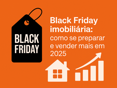 Imagem com fundo laranja, ícones de casas, gráficos subindo e etiqueta de desconto Black Friday, com o texto “Black Friday Imobiliária: como se preparar e vender mais em 2025” escrito em branco.